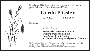 Traueranzeige von Gerda Pässler von Dinkelsbühl/ Feuchtwangen
