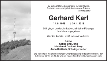 Traueranzeige von Gerhard Karl von Dinkelsbühl/ Feuchtwangen