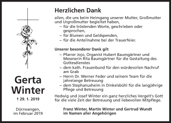 Traueranzeige von Gerta Winter von Dinkelsbühl/ Feuchtwangen