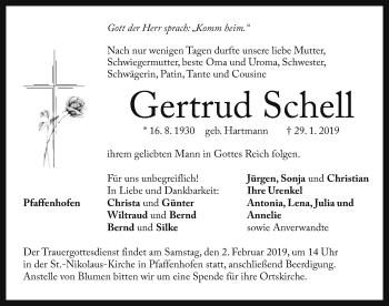 Traueranzeige von Gertrud Schell von Neustadt/ Scheinfeld/ Uffenheim