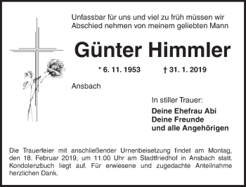 Traueranzeige von Günter Himmler von Ansbach