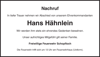 Traueranzeige von Hans Hähnlein von Dinkelsbühl/ Feuchtwangen