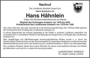 Traueranzeige von Hans Hähnlein von Gesamtausgabe