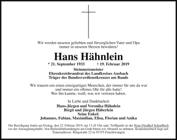 Traueranzeige von Hans Hähnlein von Rothenburg