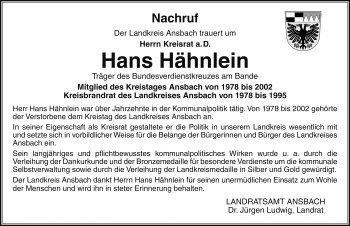 Traueranzeige von Hans Hähnlein von Fränkische Landeszeitung