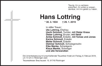 Traueranzeige von Hans Lottring von Ansbach