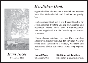 Traueranzeige von Hans Nicol von Neustadt/ Scheinfeld/ Uffenheim