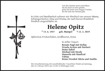 Traueranzeige von Helene Opitz von Dinkelsbühl/ Feuchtwangen