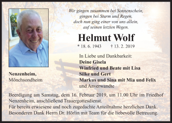 Traueranzeige von Helmut Wolf von Neustadt/ Scheinfeld/ Uffenheim