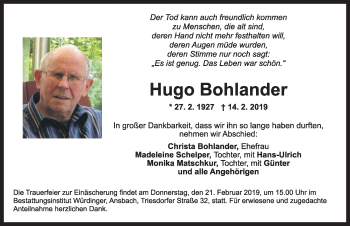 Traueranzeige von Hugo Bohlander von Ansbach