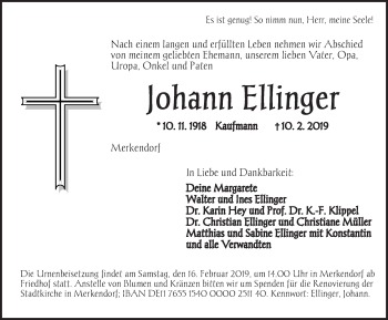 Traueranzeige von Johann Ellinger von Ansbach