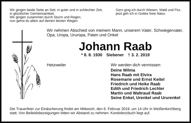  Traueranzeige für Johann Raab vom 05.02.2019 aus Rothenburg