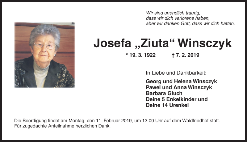  Traueranzeige für Josefa Winsczyk vom 09.02.2019 aus Ansbach