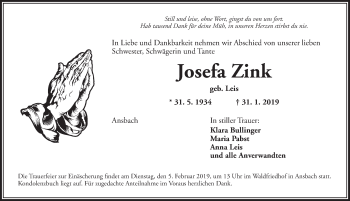 Traueranzeige von Josefa Zink von Ansbach