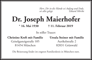 Traueranzeige von Joseph Maierhofer von Dinkelsbühl/ Feuchtwangen