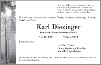 Traueranzeige von Karl Diezinger von Gesamtausgabe