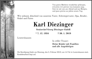 Traueranzeige von Karl Diezinger von Rothenburg