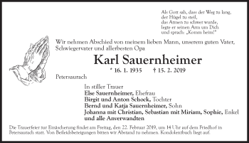 Traueranzeige von Karl Sauernheimer von Ansbach