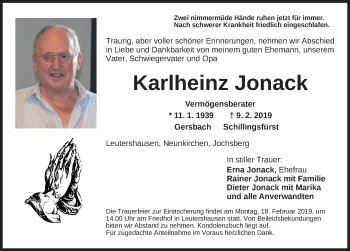 Traueranzeige von Karlheinz Jonack von Ansbach