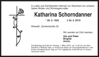 Traueranzeige von Katharina Schorndanner von Dinkelsbühl/ Feuchtwangen