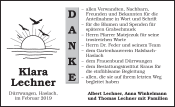 Traueranzeige von Klara Lechner von Dinkelsbühl/ Feuchtwangen