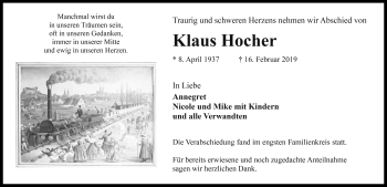 Traueranzeige von Klaus Hocher von Rothenburg