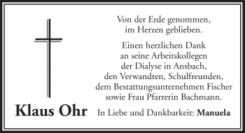 Traueranzeige von Klaus Ohr von Dinkelsbühl/ Feuchtwangen