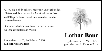 Traueranzeige von Lothar Baur von Rothenburg