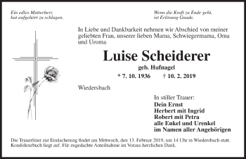 Traueranzeige von Luise Scheiderer von Ansbach