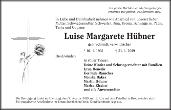 Traueranzeige von Luise Margarete Hübner von Ansbach