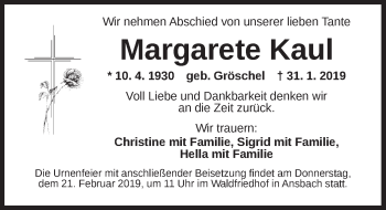 Traueranzeige von Margarete Kaul von Ansbach