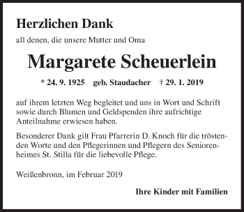 Traueranzeige von Margarete Scheuerlein von Ansbach