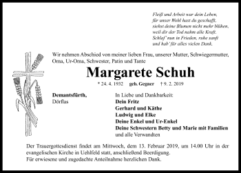 Traueranzeige von Margarete Schuh von Neustadt/ Scheinfeld/ Uffenheim