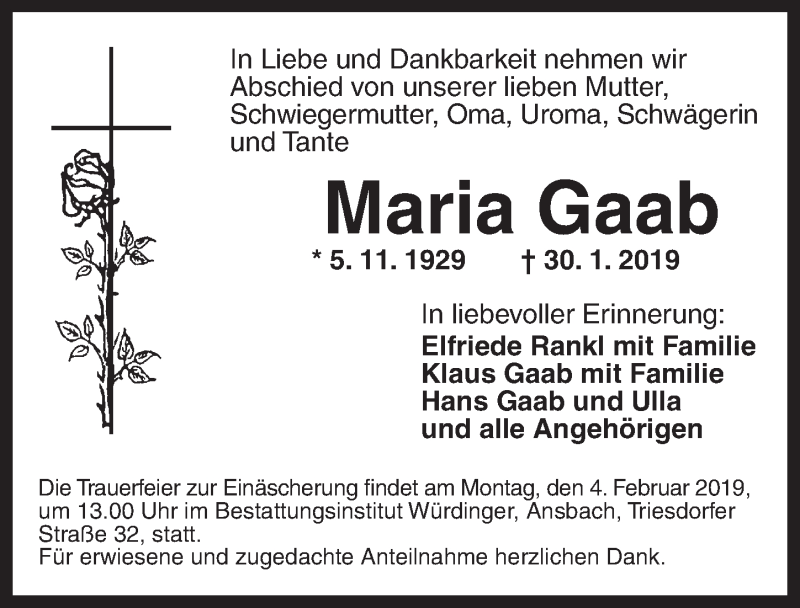  Traueranzeige für Maria Gaab vom 01.02.2019 aus Ansbach