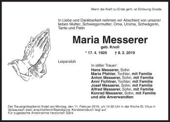 Traueranzeige von Maria Messerer von Ansbach