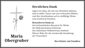 Traueranzeige von Maria Obergruber von Ansbach