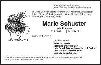 Traueranzeige von Marie Schuster von Ansbach