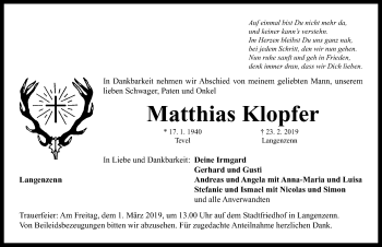 Traueranzeige von Matthias Klopfer von Neustadt/ Scheinfeld/ Uffenheim