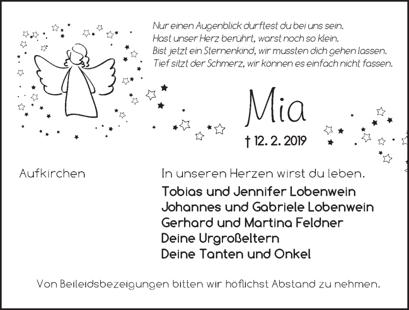  Traueranzeige für Mia  vom 18.02.2019 aus Dinkelsbühl/ Feuchtwangen
