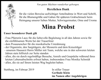 Traueranzeige von Mina Probst von Rothenburg