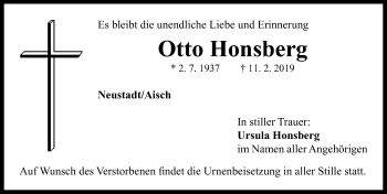 Traueranzeige von Otto Honsberg von Neustadt/ Scheinfeld/ Uffenheim