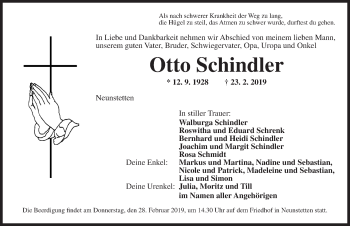 Traueranzeige von Otto Schindler von Dinkelsbühl/ Feuchtwangen