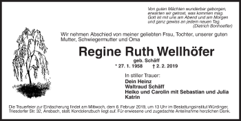 Traueranzeige von Regine Wellhöfer von Ansbach