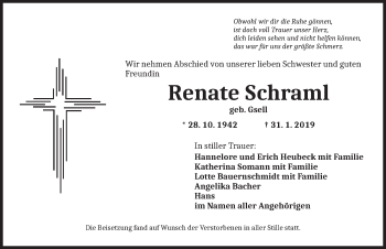Traueranzeige von Renate Schraml von Ansbach