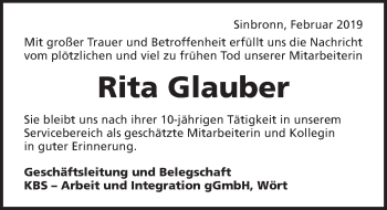 Traueranzeige von Rita Glauber von Ansbach