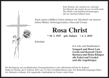 Traueranzeige von Rosa Christ von Dinkelsbühl/ Feuchtwangen