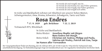 Traueranzeige von Rosa Endres von Ansbach