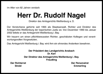 Traueranzeige von Rudolf Nagel von Ansbach