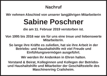 Traueranzeige von Sabine Poschner von Ansbach