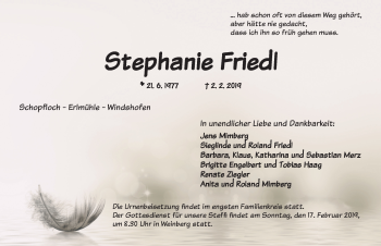 Traueranzeige von Stephanie Friedl von Dinkelsbühl/ Feuchtwangen